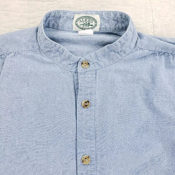 Alices Cottage Chambray Button Up Band Collar Shirt Mens Sz Medium Blue USA Made - Picture 2 of 6